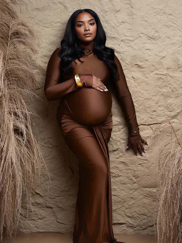 Momnfancy Brown Plus Size Ruched Lace-up Bodycon Photoshoot Maternity Maxi Dress