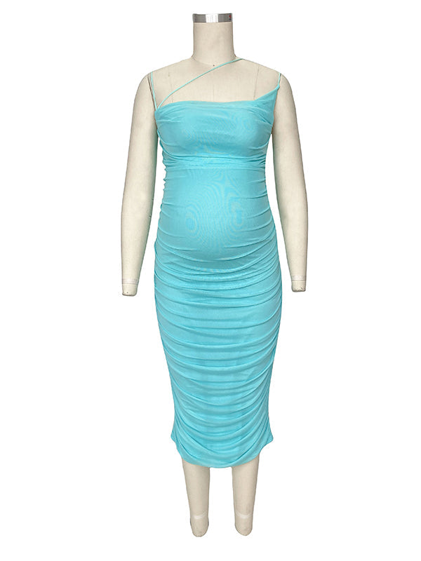 Momnfancy Spaghetti Strap Mesh Ruched Bodycon Babyshower Maternity Midi Dress