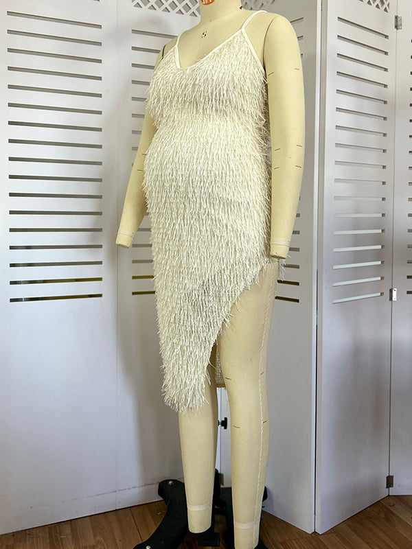 Momnfancy Apricot Tassel Side Slit Maternity Photoshoot Midi Dress