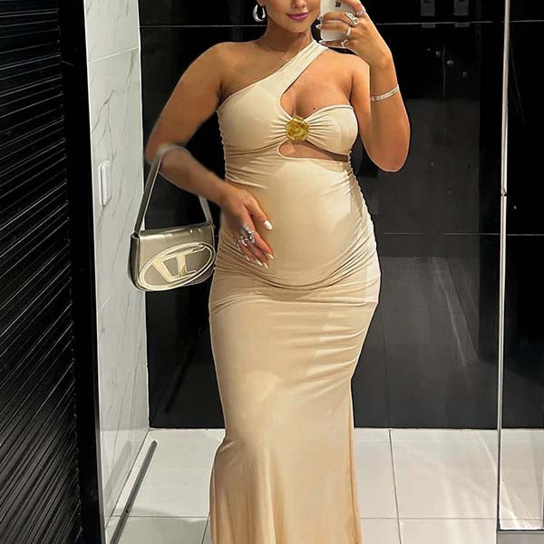 Momnfancy Oblique Shoulder Bodycon Maternity Maxi Dresses