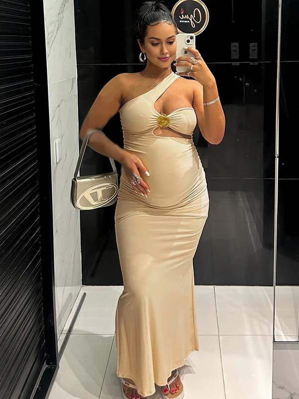 Momnfancy Oblique Shoulder Bodycon Maternity Maxi Dresses