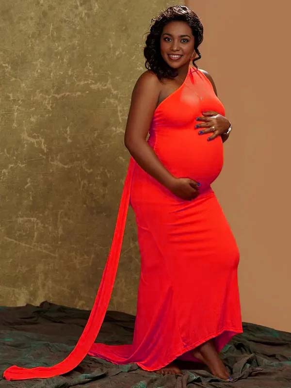 Momnfancy Orange Backless Ruched Draped Bodycon Party Evening Mermaid Gown Maternity Maxi Dress