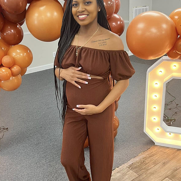 Momnfancy Brown Off Shoulder Lace-up Maternity Baby Shower Jumpsuit