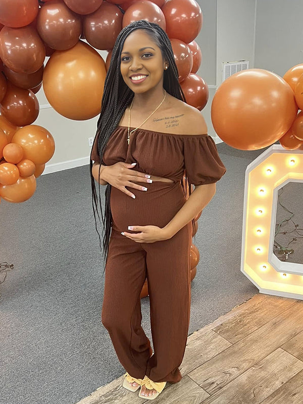 Momnfancy Brown Off Shoulder Lace-up Maternity Baby Shower Jumpsuit