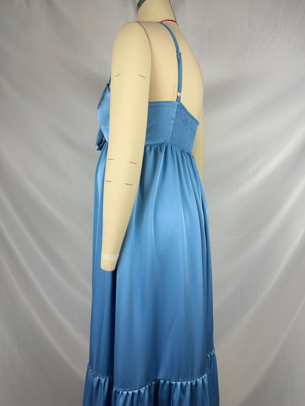 Momnfancy Blue Satin Bowknot One Shoulder A-line Baby Shower Maternity Maxi Dress
