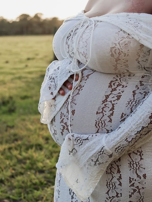 Momnfancy White Off Shoulder Lace Bandeau Tie Front Mermaid Bandage Going Out Photoshoot Maternity Maxi Dress