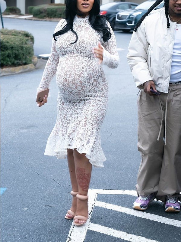 Momnfancy White Lace Ruffle Sheer Mermaid Flare Long Sleeve Sleeve Party Baby Shower Bodycon Maternity Midi Dress