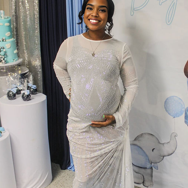 Momnfancy Hotfix Rhinestones Bodycon Trailing Evening Gowns Baby Shower Maternity Maxi Dress