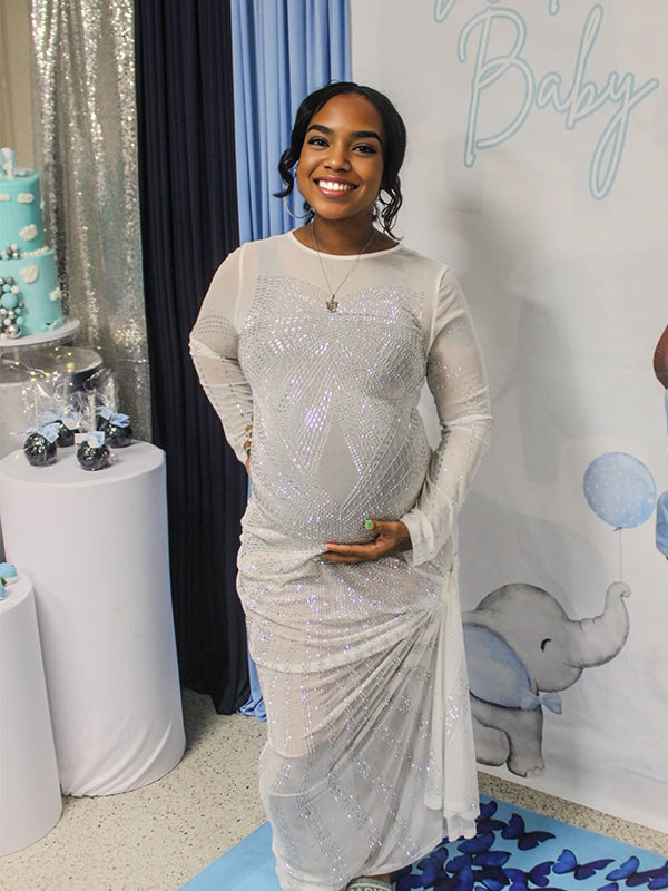 Momnfancy Hotfix Rhinestones Bodycon Trailing Evening Gowns Baby Shower Maternity Maxi Dress