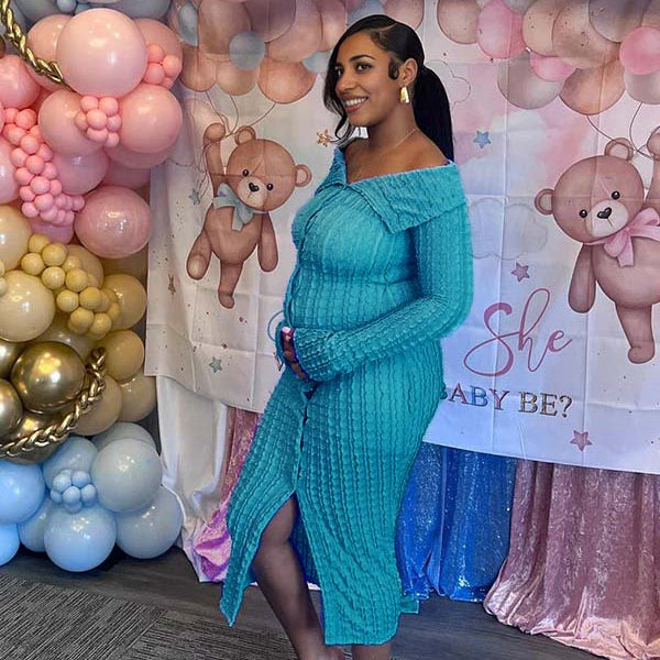Momnfancy Off Shoulder Single Breasted Mesh Wavy Ruffle Front Slit Bodycon Elegant Going Out Maternity Baby Shower Maxi Dress