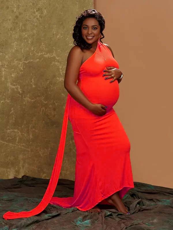 Momnfancy Orange Backless Ruched Draped Bodycon Party Evening Mermaid Gown Maternity Maxi Dress