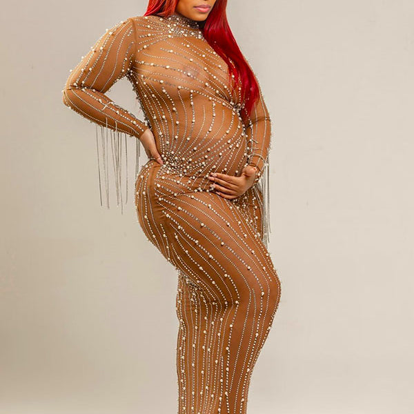 Momnfancy Mesh Peal Rhinestone Tassel Bodycon Evening Gown Photoshoot Maternity Maxi Dress