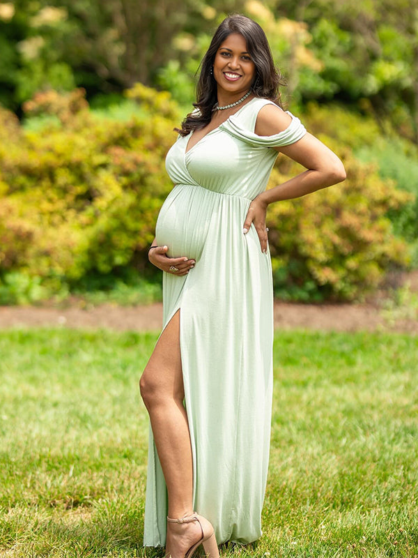Momnfancy Off Shoulder Slit Floor Length Flowy Photoshoot Maternity Maxi Dress