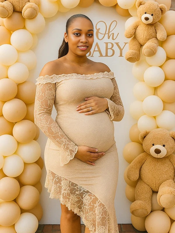 Momnfancy Apricot Lace Irregular Off Shoulder Baby Shower Maternity Maxi Dresses