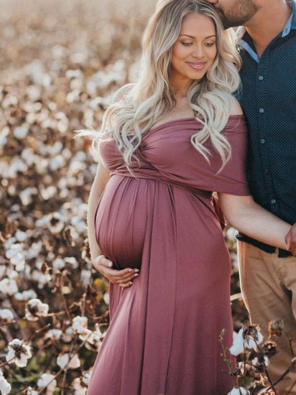 Momnfancy Solid Color Backless Tie Back Photoshoot Maternity Maxi Dress