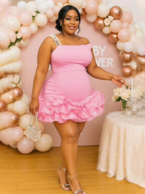 Momnfancy Pink Off Shoulder Peal Tulle Party Bodycon Maternity Mini Dress
