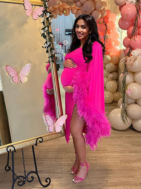 Momnfancy One Shoulder Feather Splicing Side Slit Party Cocktail Baby Shower Maternity Midi Dress