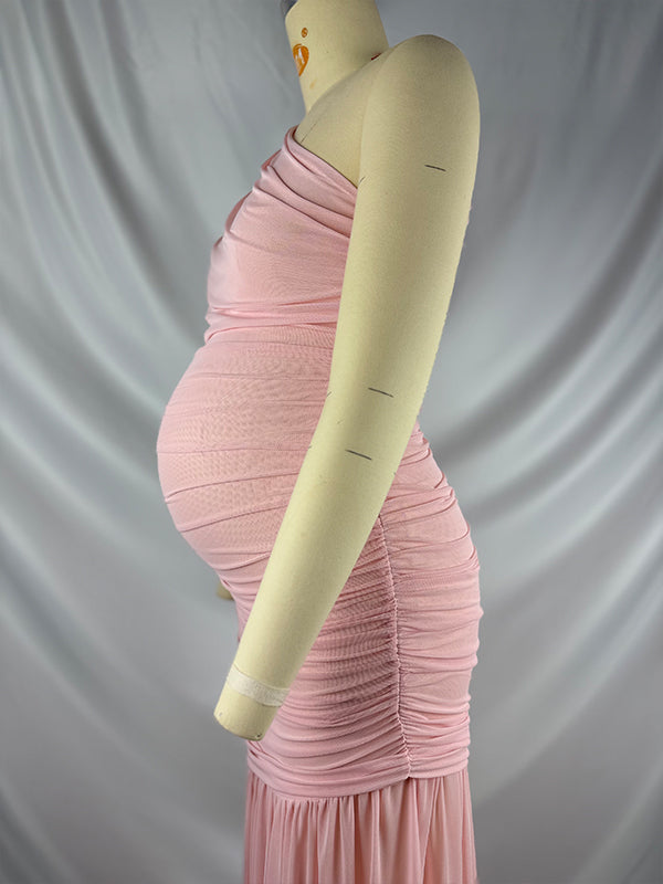 Momnfancy One Shoulder Mesh Ruched Mermaid Evening Gown Baby Shower Maternity Maxi Dress