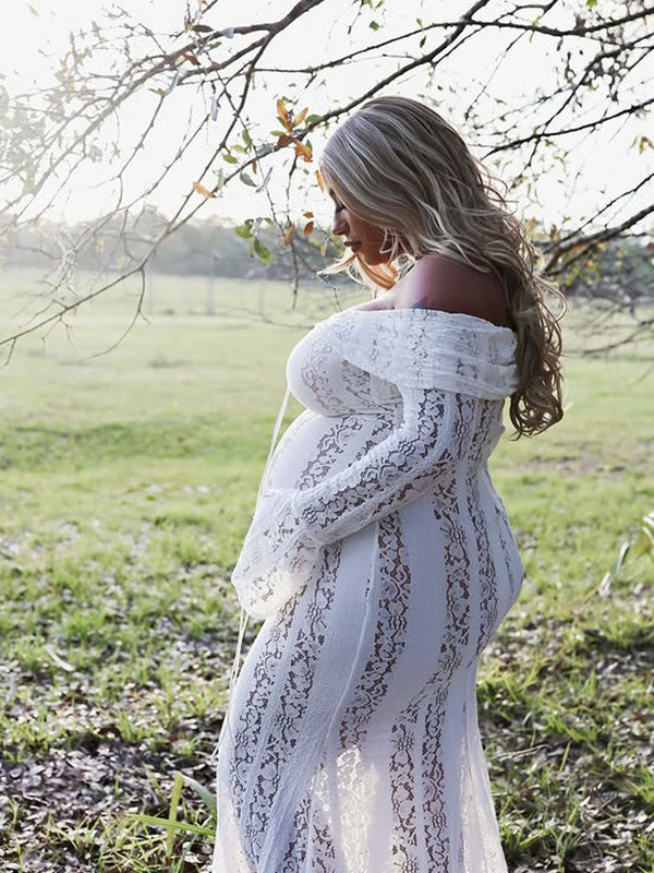 Momnfancy White Off Shoulder Lace Bandeau Tie Front Mermaid Bandage Going Out Photoshoot Maternity Maxi Dress