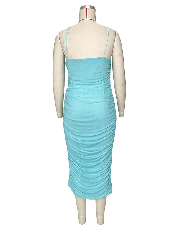 Momnfancy Spaghetti Strap Mesh Ruched Bodycon Babyshower Maternity Midi Dress