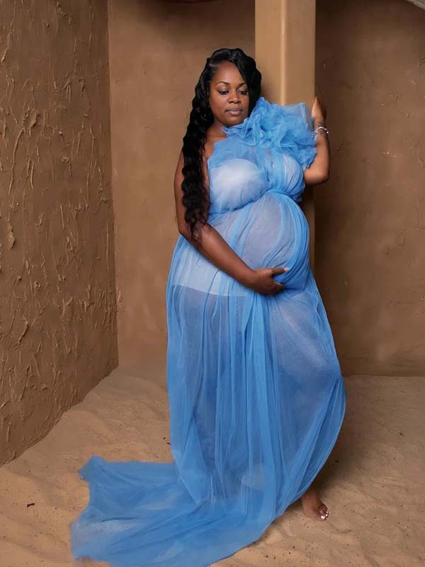 Momnfancy Irregular Collar Tulle Photoshoot Maternity Maxi Dresses