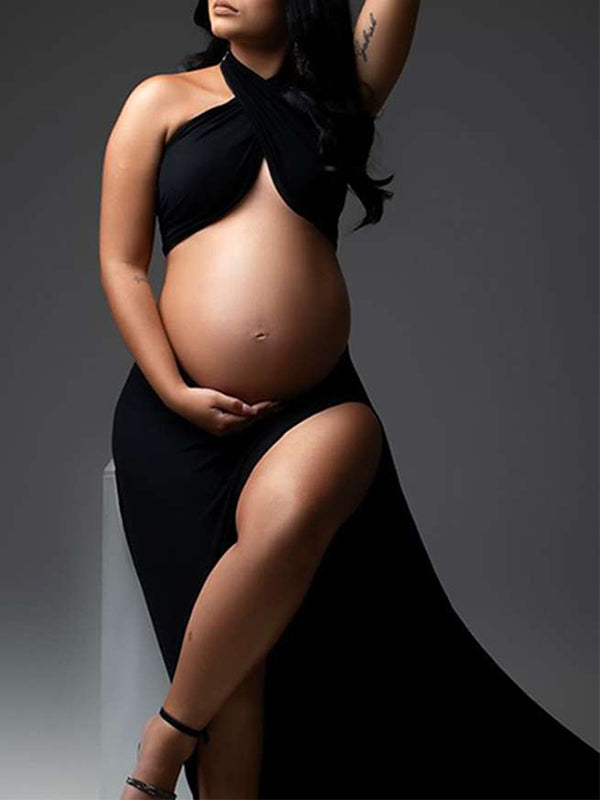 Momnfancy Black Cut Out Crop Thigh High Side Slits Ruched Knot Halter Neck Maternity Maxi Dress