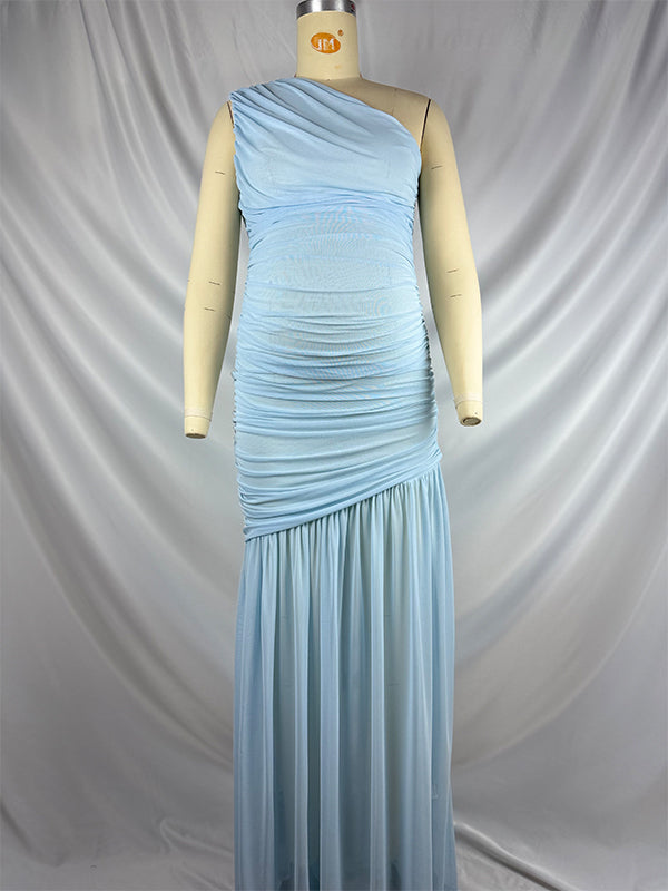 Momnfancy One Shoulder Mesh Ruched Mermaid Evening Gown Baby Shower Maternity Maxi Dress