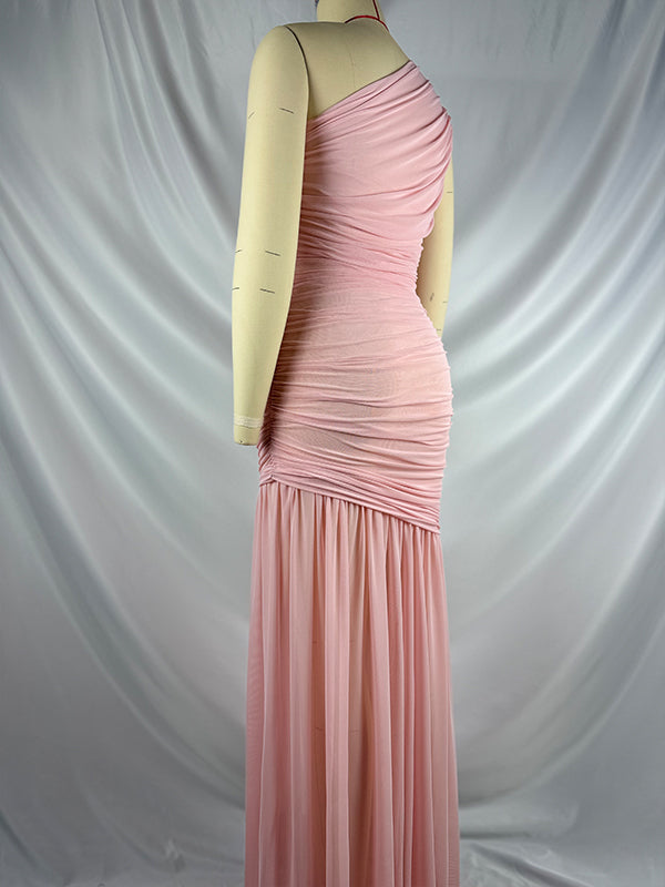 Momnfancy One Shoulder Mesh Ruched Mermaid Evening Gown Baby Shower Maternity Maxi Dress