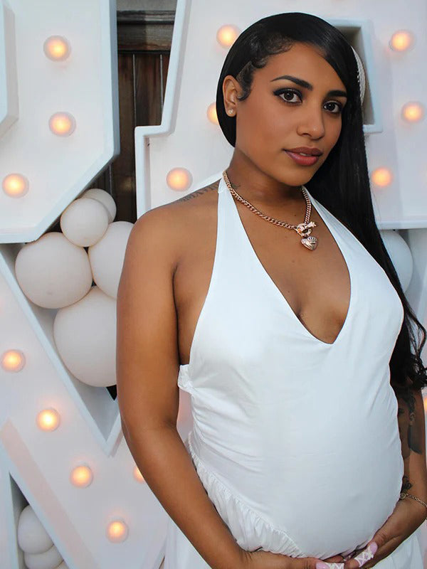 Momnfancy White Corset Halter Neck Backless Big Swing Maternity Maxi Dress