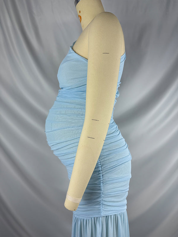 Momnfancy One Shoulder Mesh Ruched Mermaid Evening Gown Baby Shower Maternity Maxi Dress