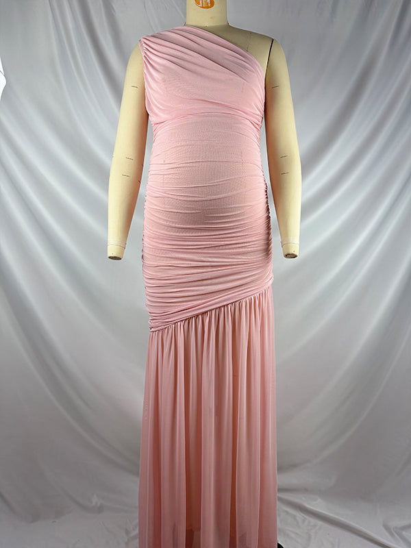 Momnfancy One Shoulder Mesh Ruched Mermaid Evening Gown Baby Shower Maternity Maxi Dress