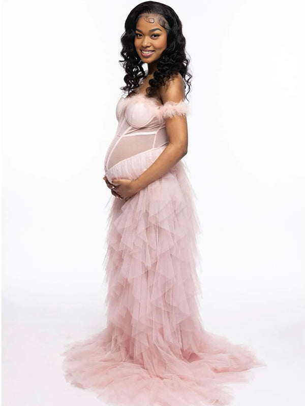 Momnfancy Pink Bandeau Off Shoulder Feather Tulle Maternity Photoshoot Dress