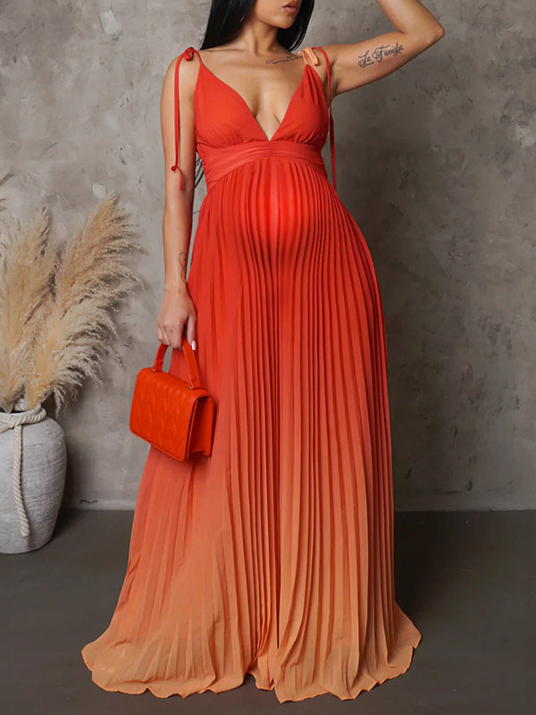 Momnfancy Orange Gradient Color Pleated Cami Maternity Maxi Dress