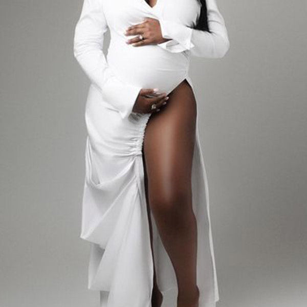 Momnfancy White Elegant Thigh High Side Slits Cascading Ruffle Babyshower Maternity Photoshoot Maxi Dress