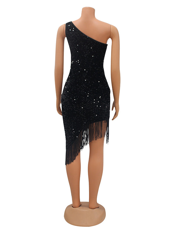 Momnfancy Black One Shoulder Sequin Tassel Irregular Club Fashion Bodycon Party Maternity Mini Dress