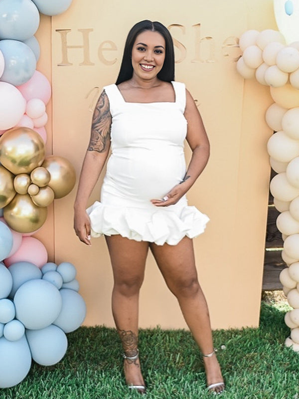 Momnfancy White Ivory Ruffle Falbala Tank Elegant Party Bodycon Baby Shower Maternity Mini Dress