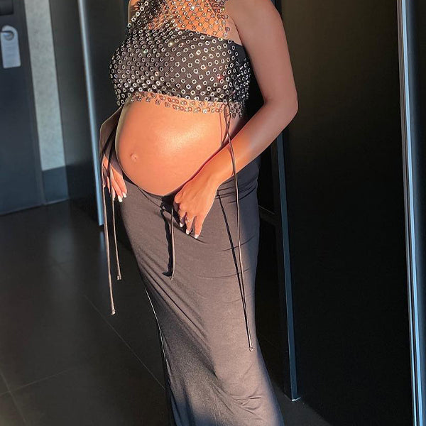 Momnfancy Black Diamond Mesh Fishnet Sheer Drawstring Chic Club Photoshoot Baby Shower Crop Top