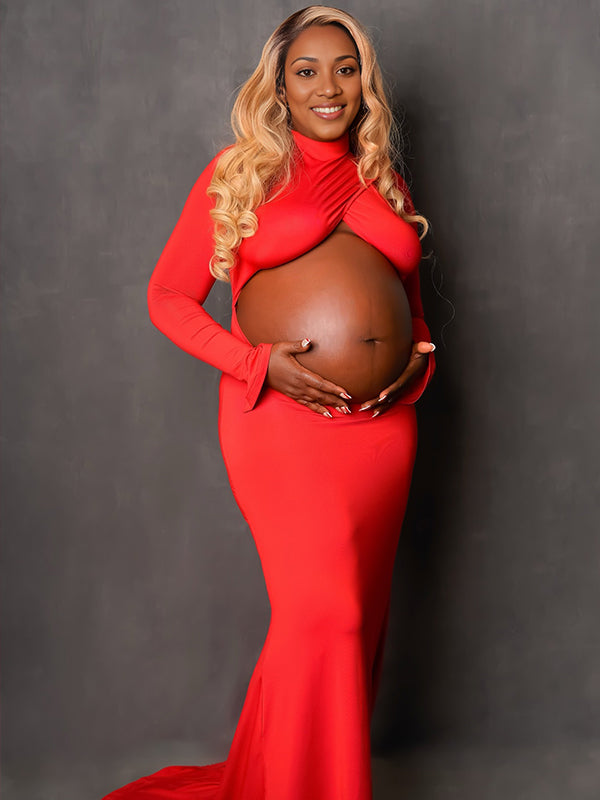 Momnfancy Red Cross Front Crop Cut Out Maternity Photoshoot Dress