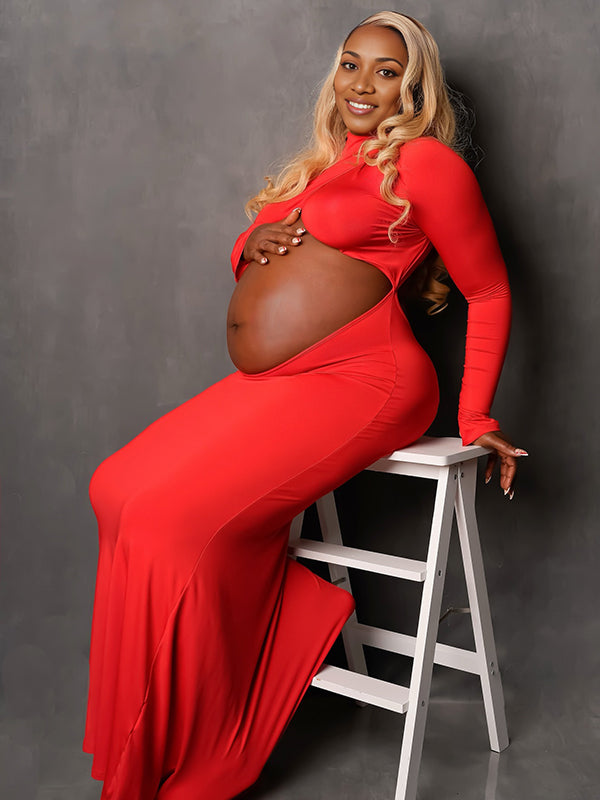 Momnfancy Red Cross Front Crop Cut Out Maternity Photoshoot Dress