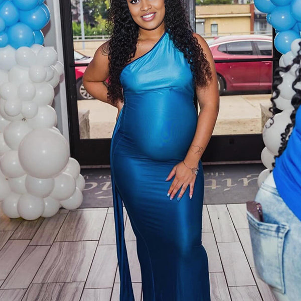 Momnfancy Blue Gradient Color Backless One-Shoulder Maternity Maxi Dress
