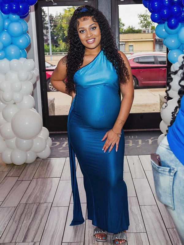 Momnfancy Blue Gradient Color Backless One-Shoulder Maternity Maxi Dress