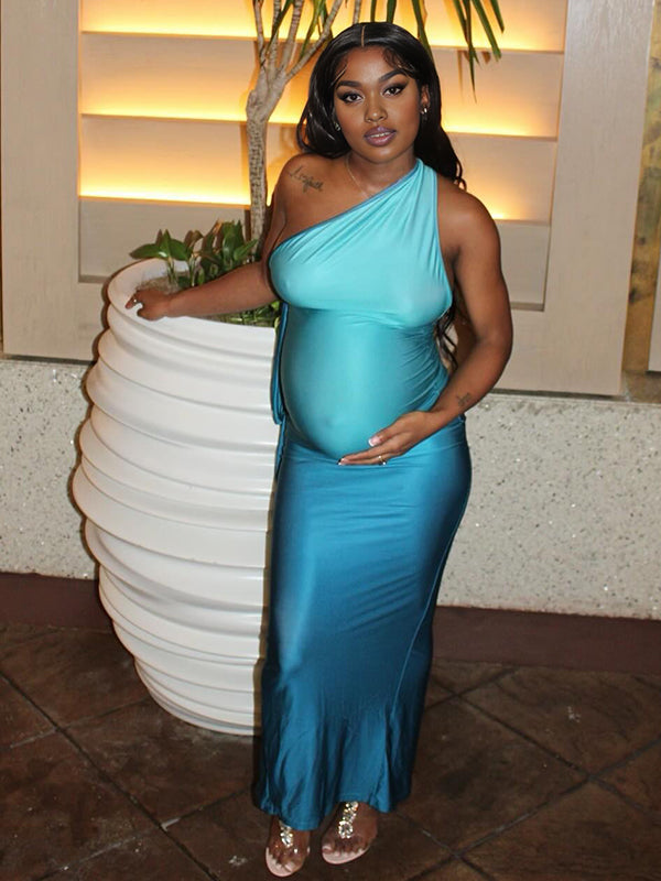 Momnfancy Blue Gradient Color Backless One-Shoulder Maternity Maxi Dress