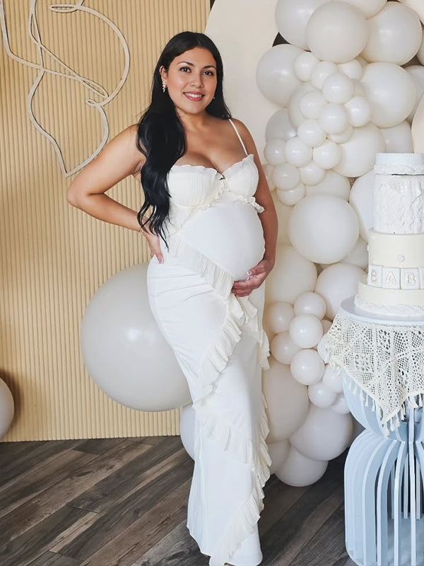 Momnfancy White Tulle Ruffle Side Slit Cami Maternity Maxi Dress