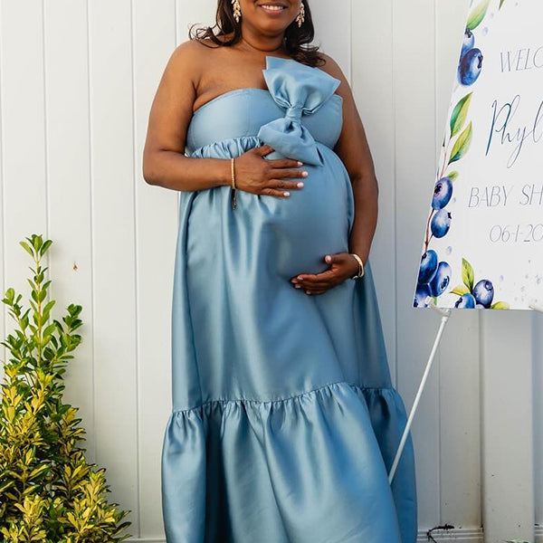 Momnfancy Blue Satin Bowknot One Shoulder A-line Baby Shower Maternity Maxi Dress