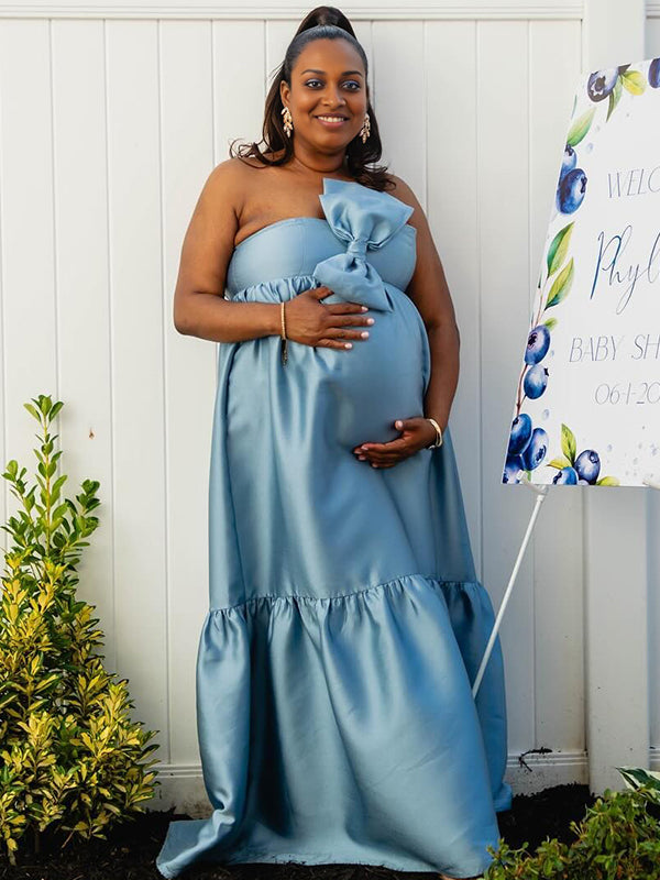 Momnfancy Blue Satin Bowknot One Shoulder A-line Baby Shower Maternity Maxi Dress
