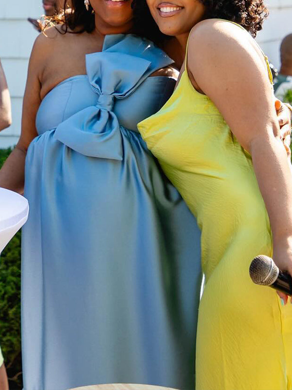 Momnfancy Blue Satin Bowknot One Shoulder A-line Baby Shower Maternity Maxi Dress