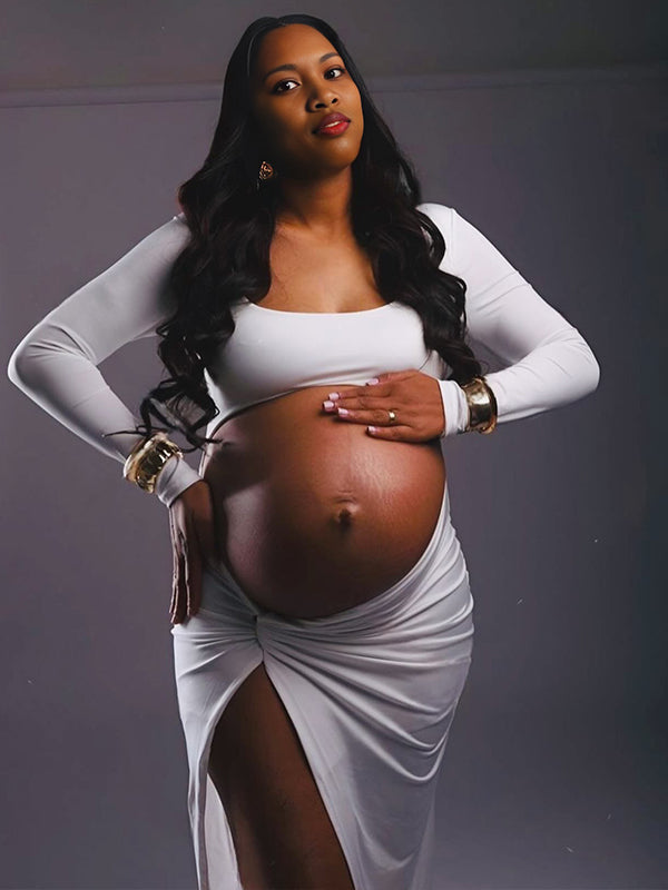 Momnfancy White Side Slit Ruched Maternity Photoshoot Maxi Dress