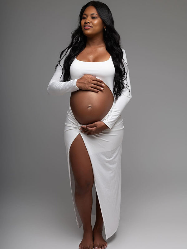 Momnfancy White Side Slit Ruched Maternity Photoshoot Maxi Dress
