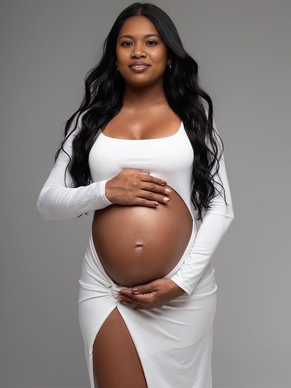 Momnfancy White Side Slit Ruched Maternity Photoshoot Maxi Dress