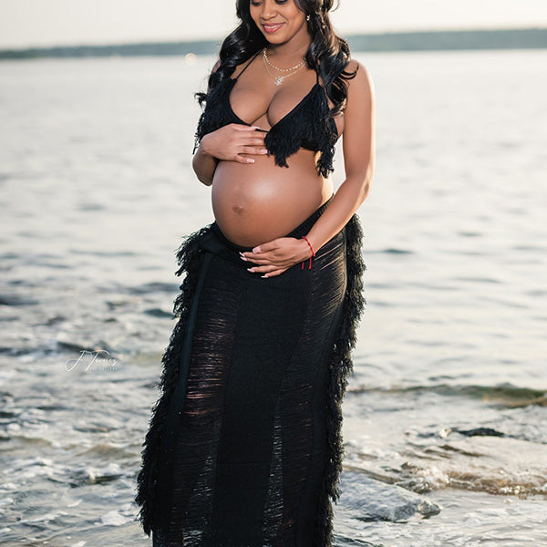 Momnfancy 2-in-1 Cut Out Tassel Sheer Photoshoot Maternity Maxi Dress